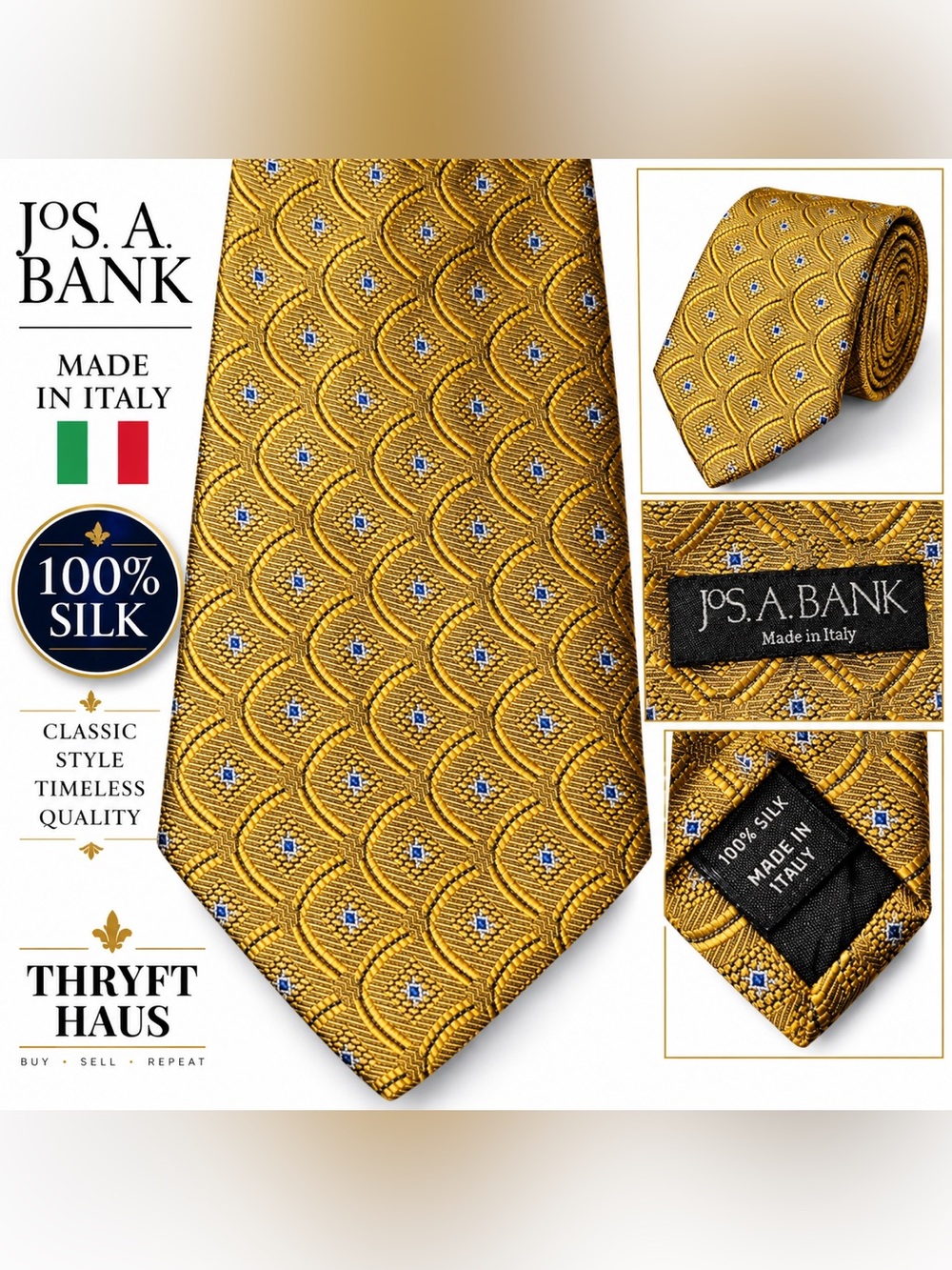 Jos. A. Bank Gold Silk Tie with Blue Dot Pattern